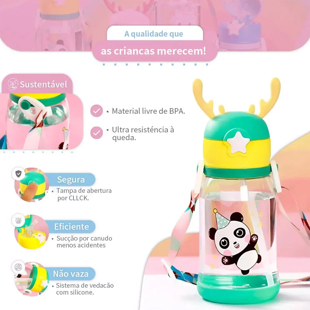 Garrafa De Alce Água Infantil Criança Portátil Com Canudo  Desenho Fantasia Para Meninas ou Meninos