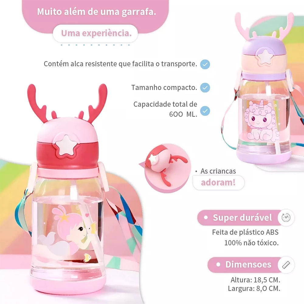 Garrafa De Alce Água Infantil Criança Portátil Com Canudo  Desenho Fantasia Para Meninas ou Meninos