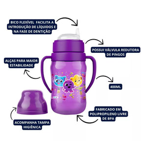 Super Copo de Treinamento Infantil 400ml C/ Alças e Válvula Redutora de Pingos Bolofofos