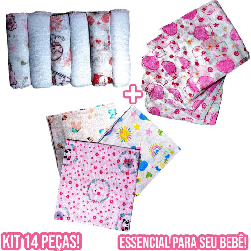 Kit Bebe Infantil 14 Peças 6 Paninho de Boca 5 Fralda de Pano 3 Cueiro Flanelado 100% Algodão Enxoval de Bebê