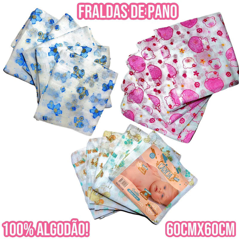 Kit Bebe Infantil 14 Peças 6 Paninho de Boca 5 Fralda de Pano 3 Cueiro Flanelado 100% Algodão Enxoval de Bebê