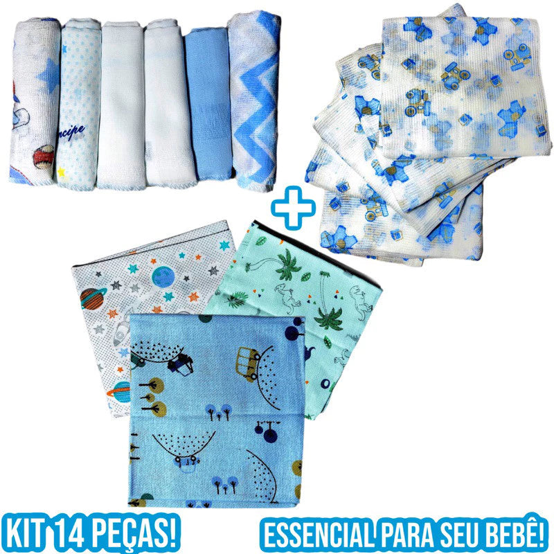 Kit Bebe Infantil 14 Peças 6 Paninho de Boca 5 Fralda de Pano 3 Cueiro Flanelado 100% Algodão Enxoval de Bebê