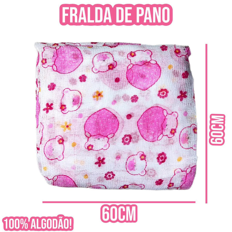 Kit Bebe Infantil 14 Peças 6 Paninho de Boca 5 Fralda de Pano 3 Cueiro Flanelado 100% Algodão Enxoval de Bebê