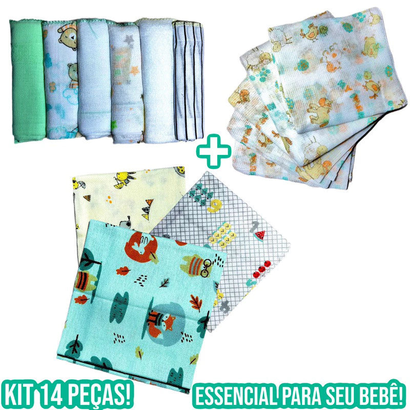 Kit Bebe Infantil 14 Peças 6 Paninho de Boca 5 Fralda de Pano 3 Cueiro Flanelado 100% Algodão Enxoval de Bebê